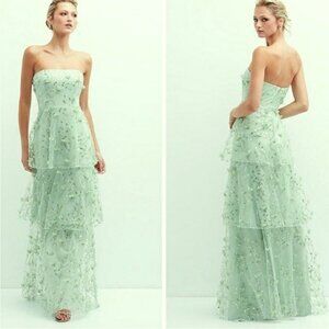 Dessy Collection Celedon Green Floral Strapless Tiered Gown 3138